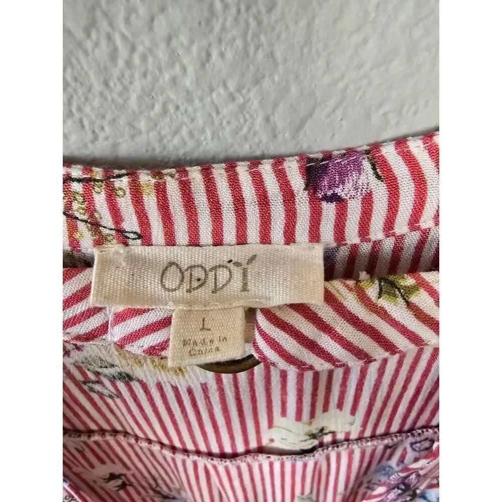 ODDI Floral Stripe Twist Front Blouse L Boho High Low Bell Sleeve Top Open Front - Picture 4 of 8